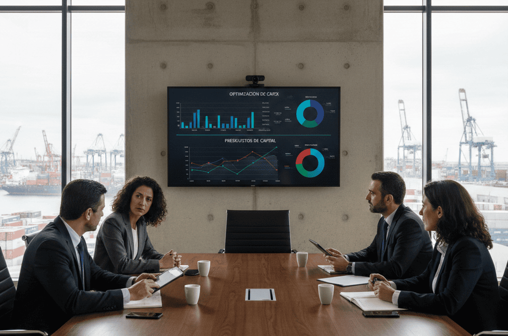 Ejecutivos analizando datos financieros en pantallas digitales modernas en una sala de juntas de una empresa industrial, gráficos de optimización de CAPEX y presupuestos de capital