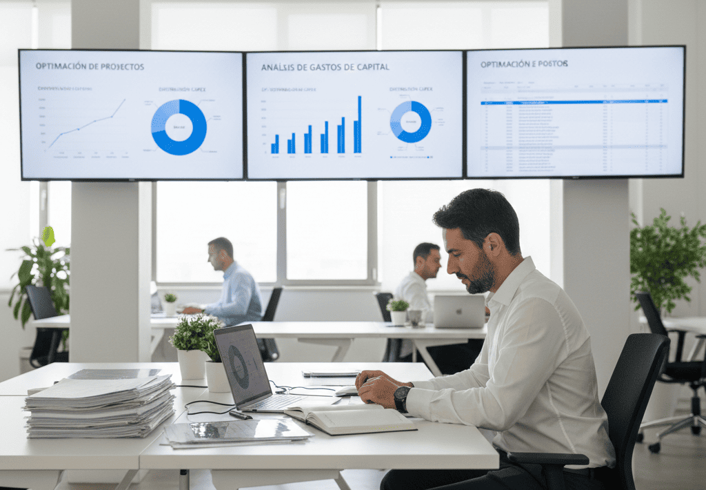 Auditor financiero revisando informes de gastos de capital en una oficina moderna con gráficos de análisis CAPEX en múltiples pantallas