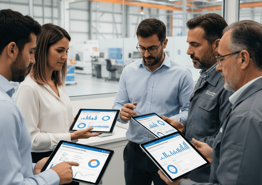 Equipo de consultores implementando sistema de control de gastos de capital en planta industrial, capacitando a gerentes con dashboards en tablets